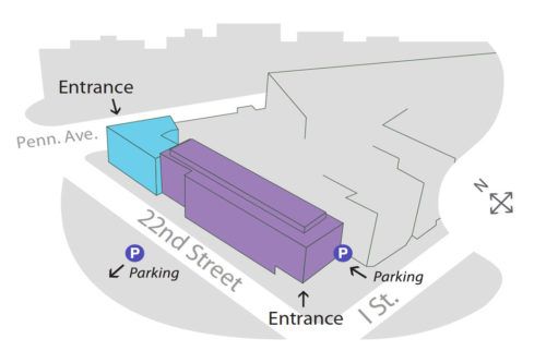 illustrated map indicated parking available off of 22nd streen and Penn Ave.